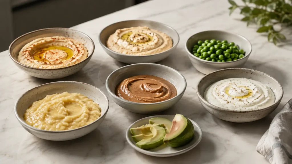 Hummus, Bohnencreme, Erbsen, Joghurt und Banane als Avocado-Alternativen
