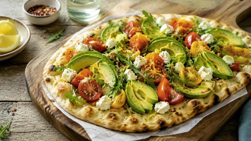 Knuspriges Fladenbrot mit Avocado, bunten Tomaten, Feta und Rucola