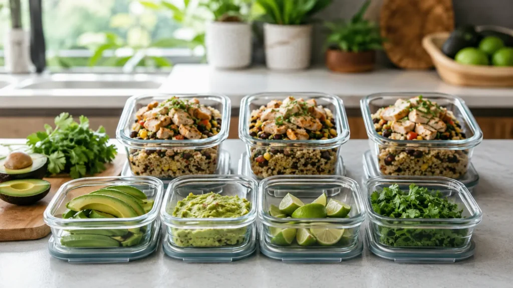 Meal-Prep-Boxen mit separat verpackter Avocado, Limette und Kräutern