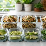 Meal-Prep-Boxen mit separat verpackter Avocado, Limette und Kräutern