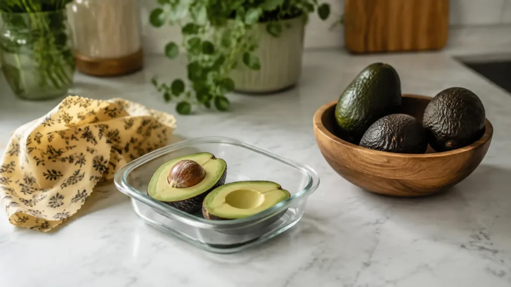 Avocado in Glasbehälter und wiederverwendbarem Wachstuch plastikfrei gelagert