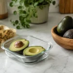 Avocado in Glasbehälter und wiederverwendbarem Wachstuch plastikfrei gelagert