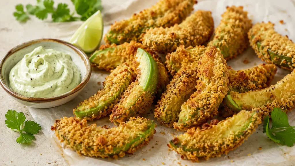 Knusprig gebackene Avocado-Pommes mit Limetten-Dip