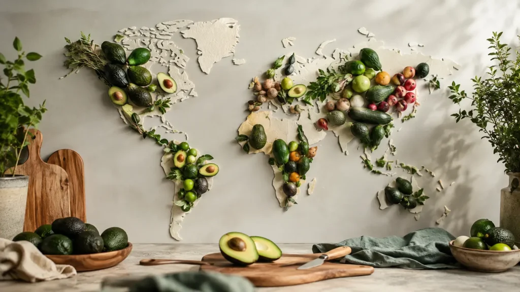 Avocados und saisonales Obst vor einer stilisierten Weltkarte