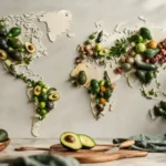 Avocados und saisonales Obst vor einer stilisierten Weltkarte