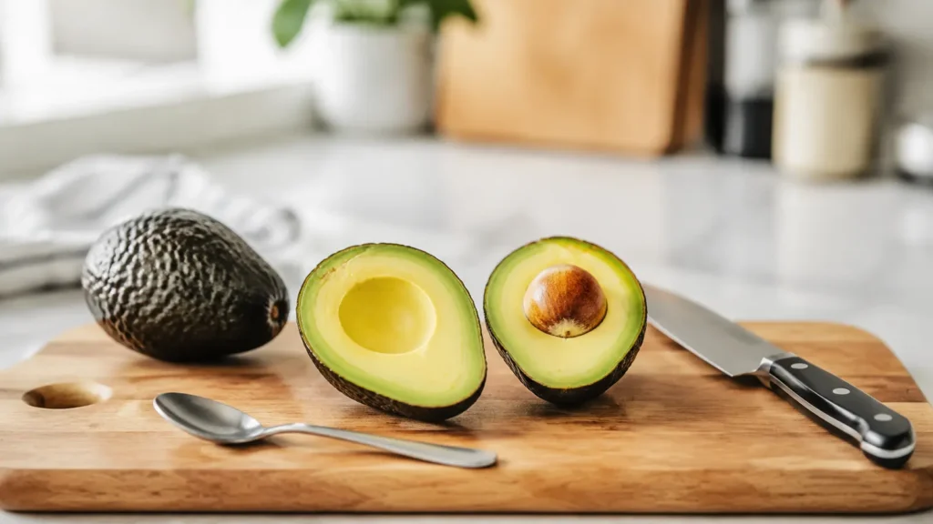 Avocado sicher auf einem Brett geschnitten mit Löffel und abgelegtem Küchenmesser