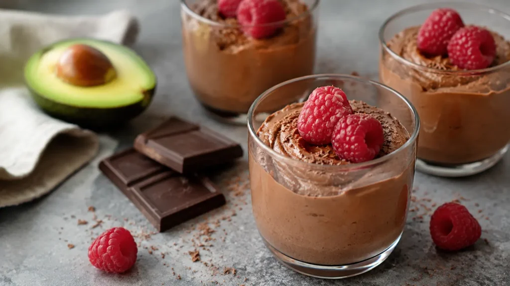 Cremige Avocado-Schoko-Mousse mit Himbeeren und dunkler Schokolade