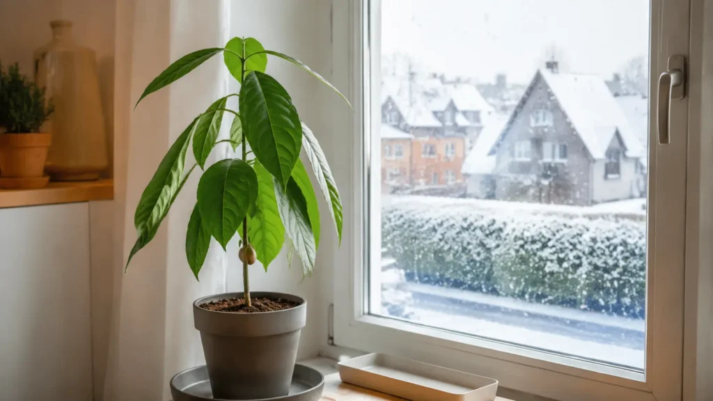 Junger Avocadobaum am hellen Fenster in einer deutschen Wohnung im Winter
