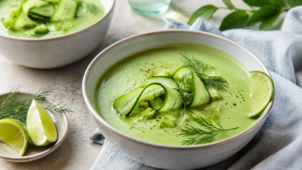 Kalte hellgrüne Gurken-Avocado-Suppe mit Dill und Limette