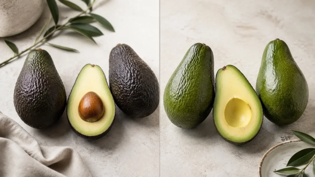 Dunkle Hass- und grüne Fuerte-Avocados im direkten Vergleich