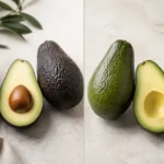 Dunkle Hass- und grüne Fuerte-Avocados im direkten Vergleich