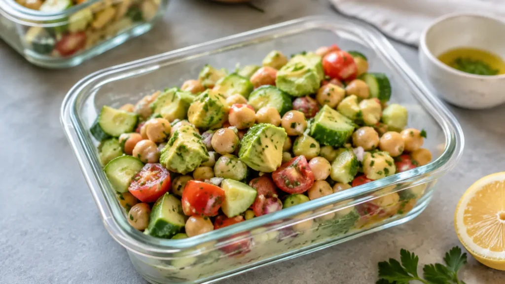 Kichererbsen-Avocado-Salat mit Gurke und Tomaten in einer Glasbox