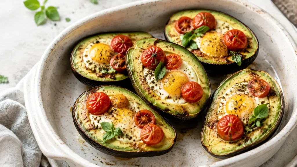 Im Ofen gebackene Avocadohälften mit Ei und Cherrytomaten